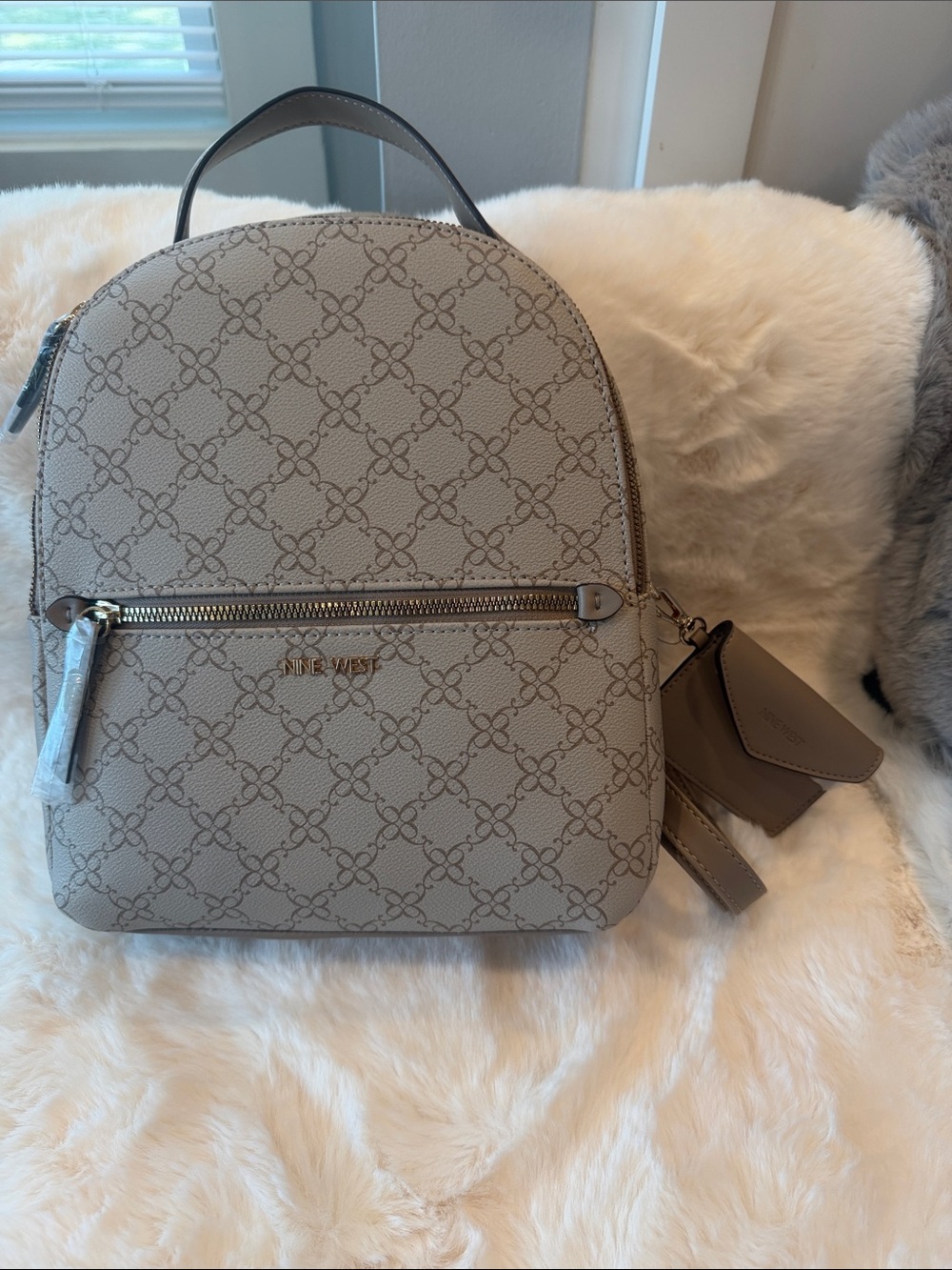 NWT Nine West Monogram Mini Backpack Bag Matching Card Holder Wallet Purse Taupe
